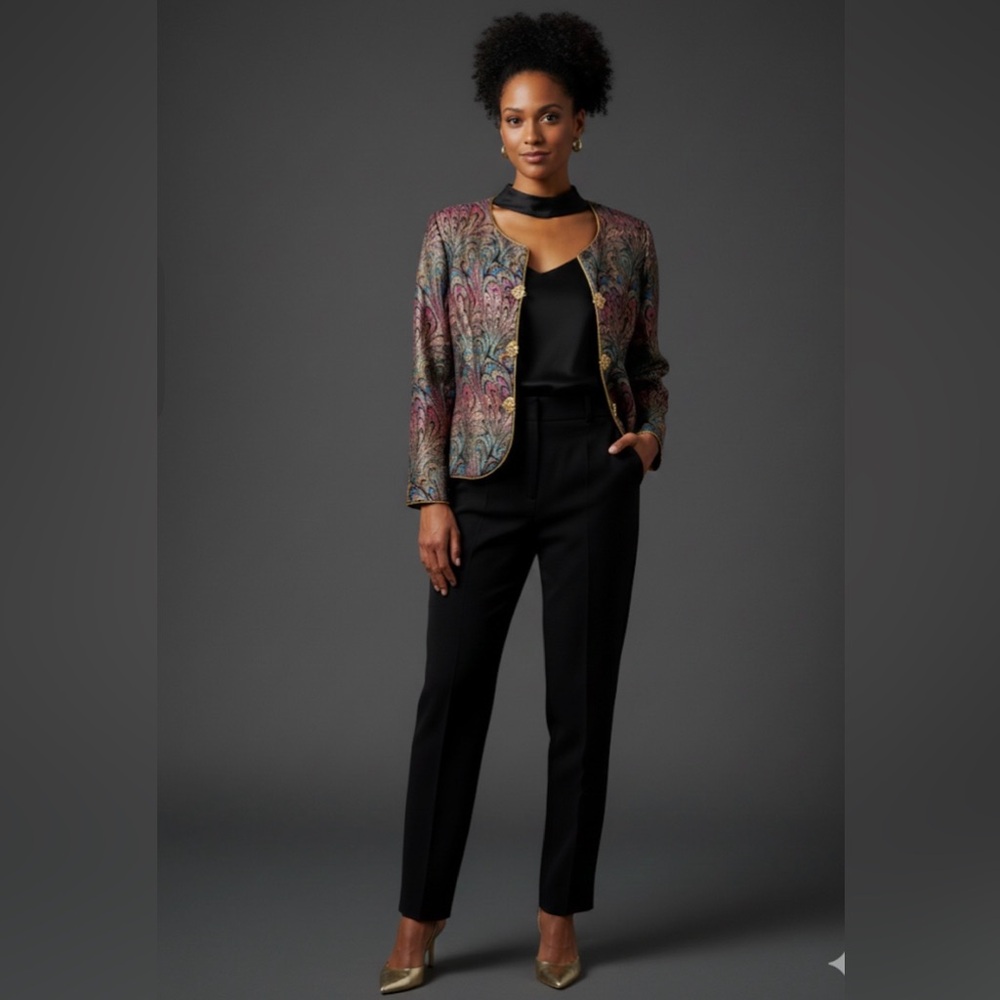 J. Benjamin  metallic peacock feather pattern women’s jacket vintage